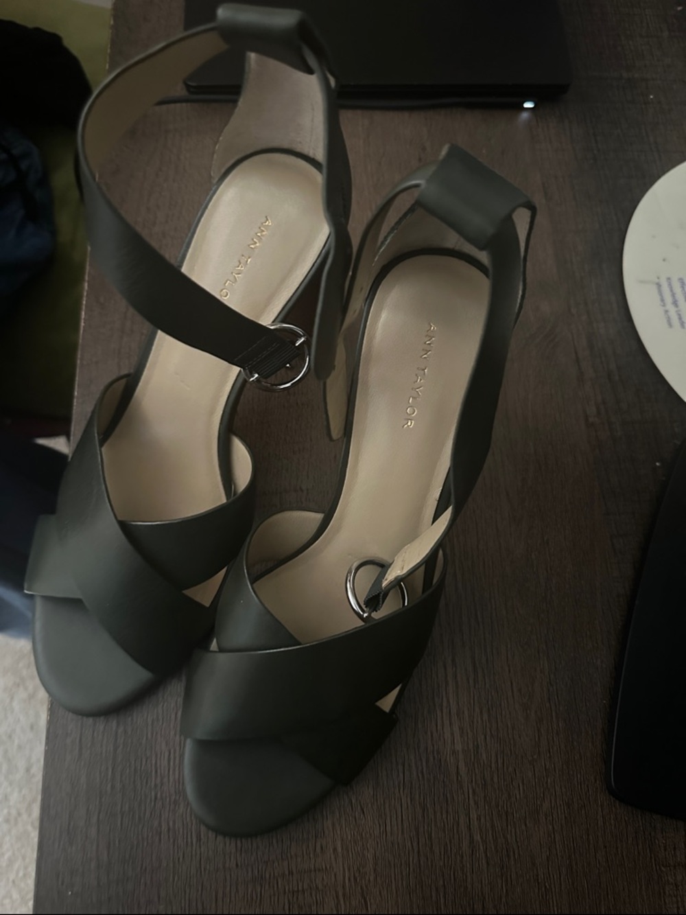 Ann Taylor Olive Green Cross-Strap Heel Sandals